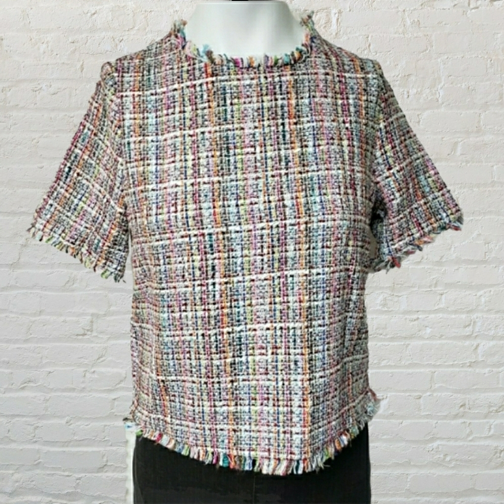 ZARA Trafaluc NWT small multicolor tweed fringe crew neck tshirt w zipper